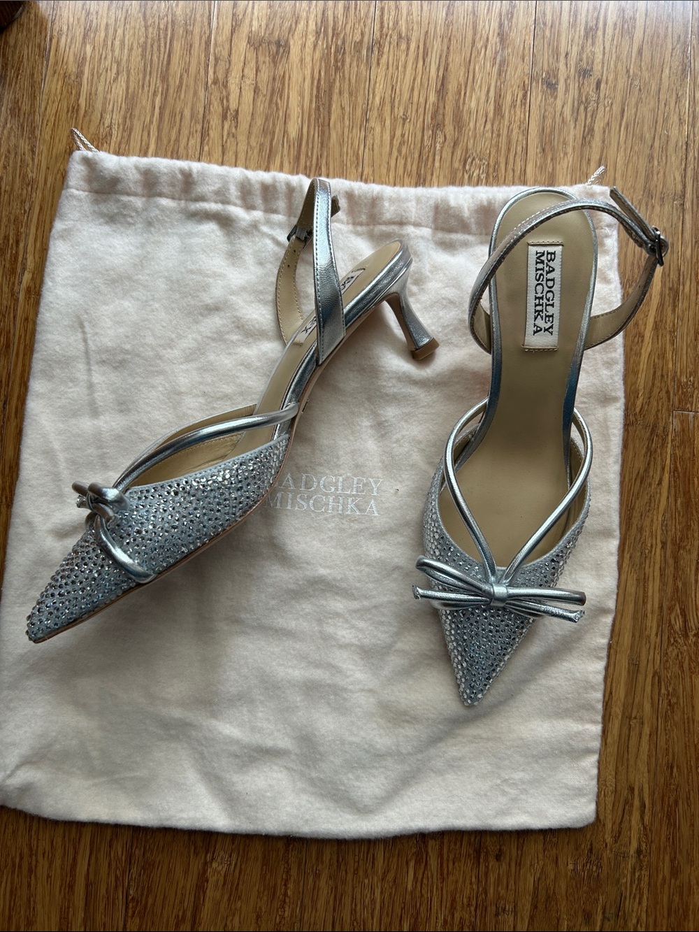 Badgley Mischka Silver Sequin Leather Bow Pointed Slingback Heels